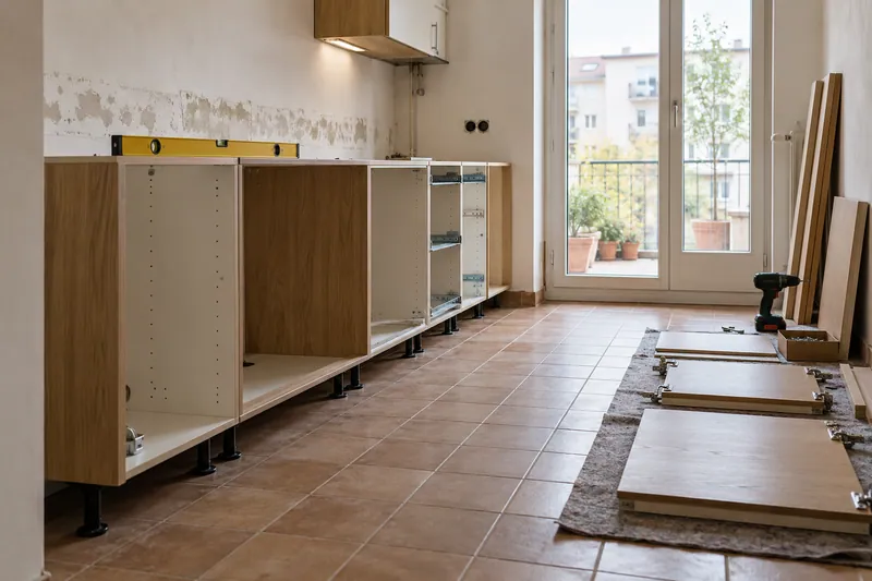 Visualización conceptual IA: Módulos de cocina en montaje con puertas pendientes de colocar.