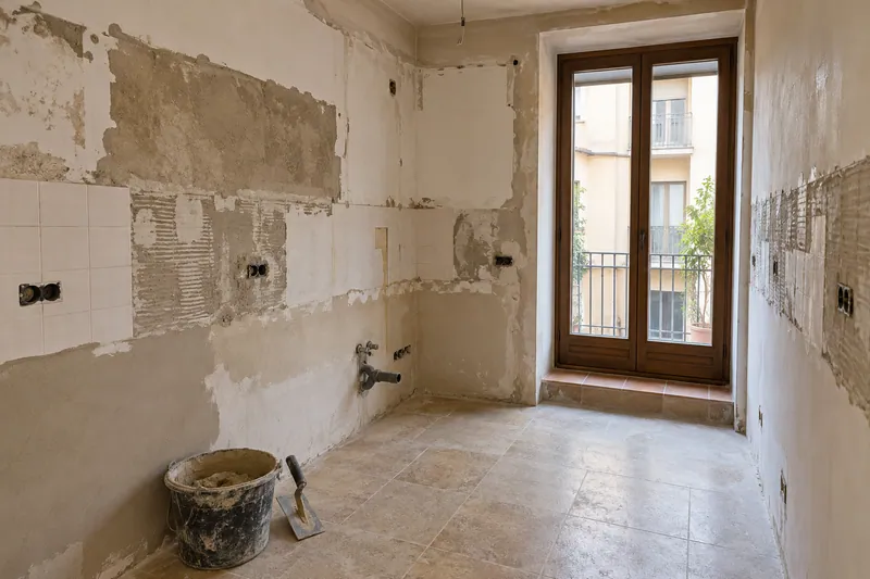 Visualización conceptual IA: Cocina sin muebles con paredes en preparación y zonas de enlucido.
